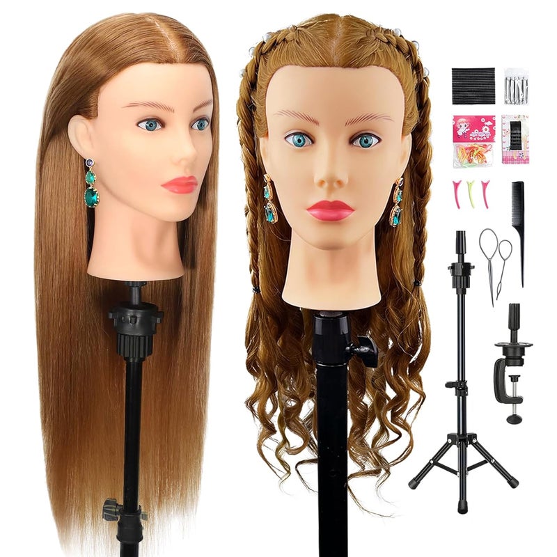 Firstwon Mannequin Head Human Hair, 80% Real Hair Cosmetology Manikin Doll Head with Tripod Stand for Hairdresser Practice Styling Braiding &Table Clamp （#27 with Tripod Set) - Image 1